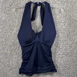 Athleta Aqualuxe Halter 2-Way Tankini Top Ruched Underwire Swim Navy Blue 32D/DD